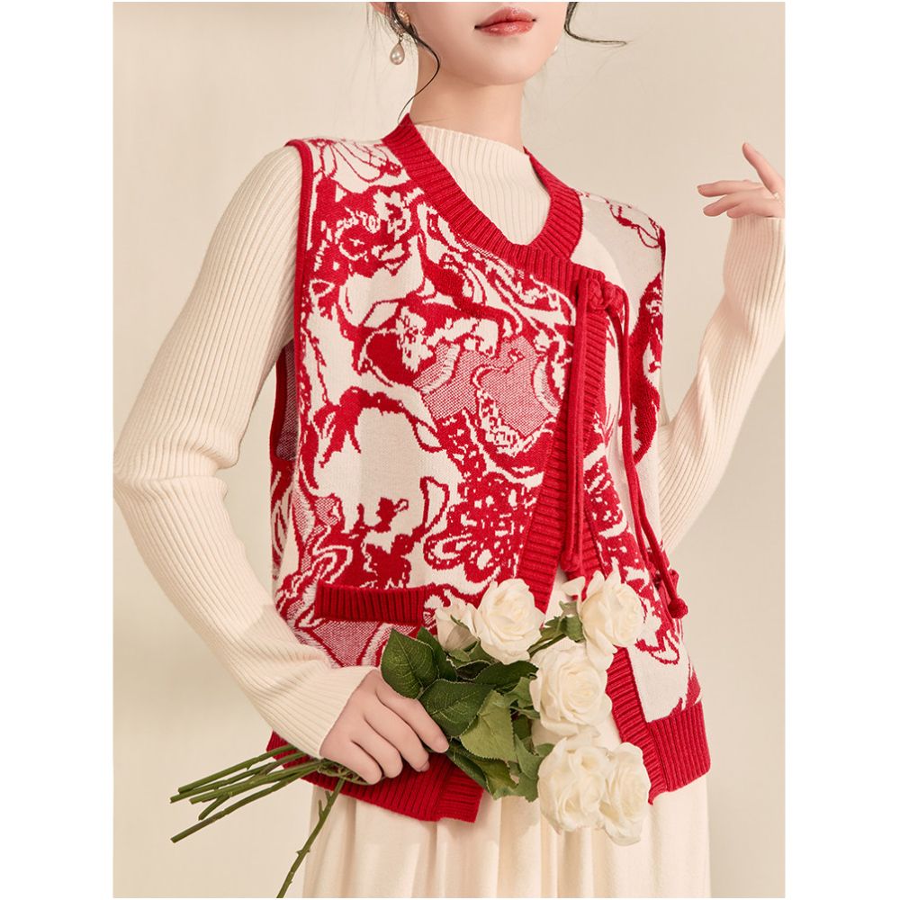 Money is coming soon New Year s battle robe vest autumn and winter styles Chinese style red new Chinese style knitted sweater vest top layered image 4
