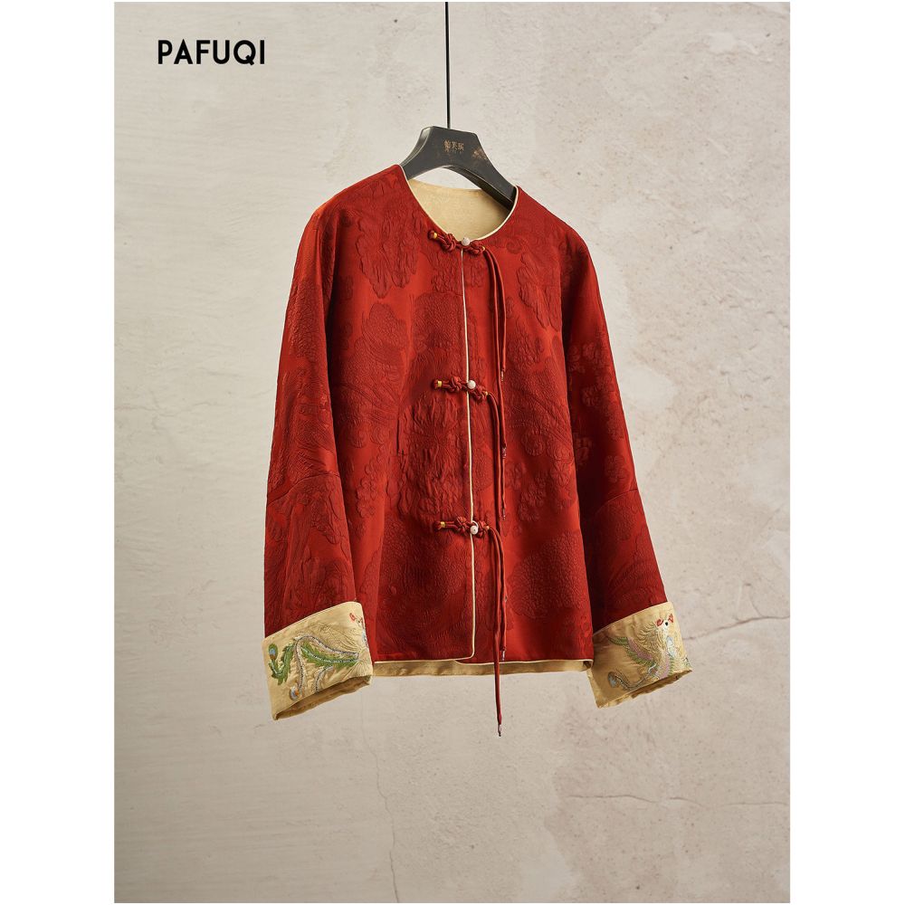 Available in multiple colors this new Chinese style red coat features a mandarin button closure a stand up collar and embroidery making it a perfect New Year s outfit for the Year of the Snake 2026 image 4
