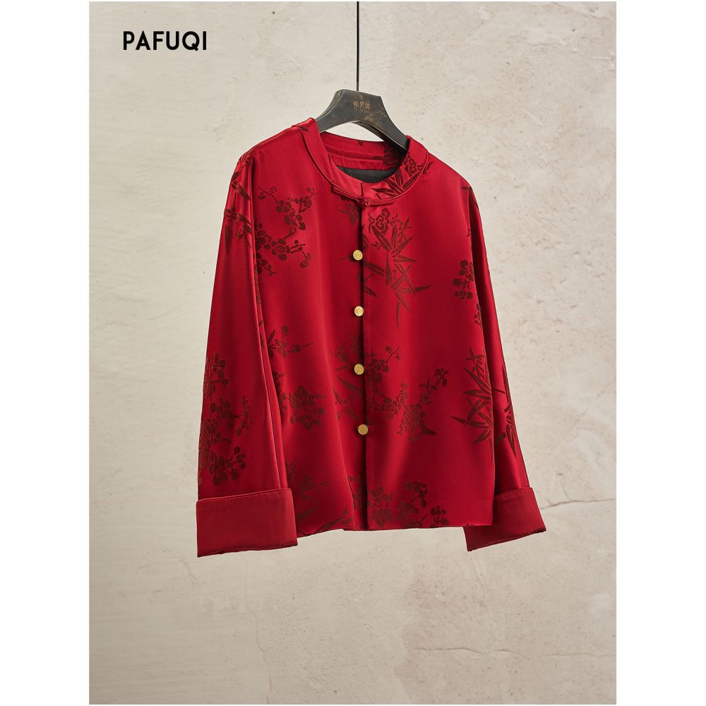 Improved new Chinese style jacket with red retro buckle silhouette Tang style top and light Chinese style women s clothing 2026 new autumn collection image 1