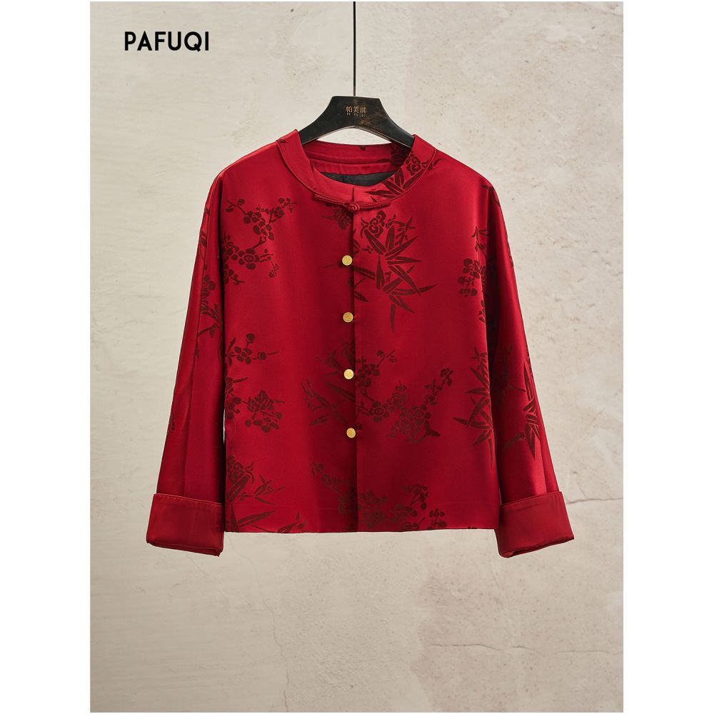 Improved new Chinese style jacket with red retro buckle silhouette Tang style top and light Chinese style women s clothing 2026 new autumn collection image 5