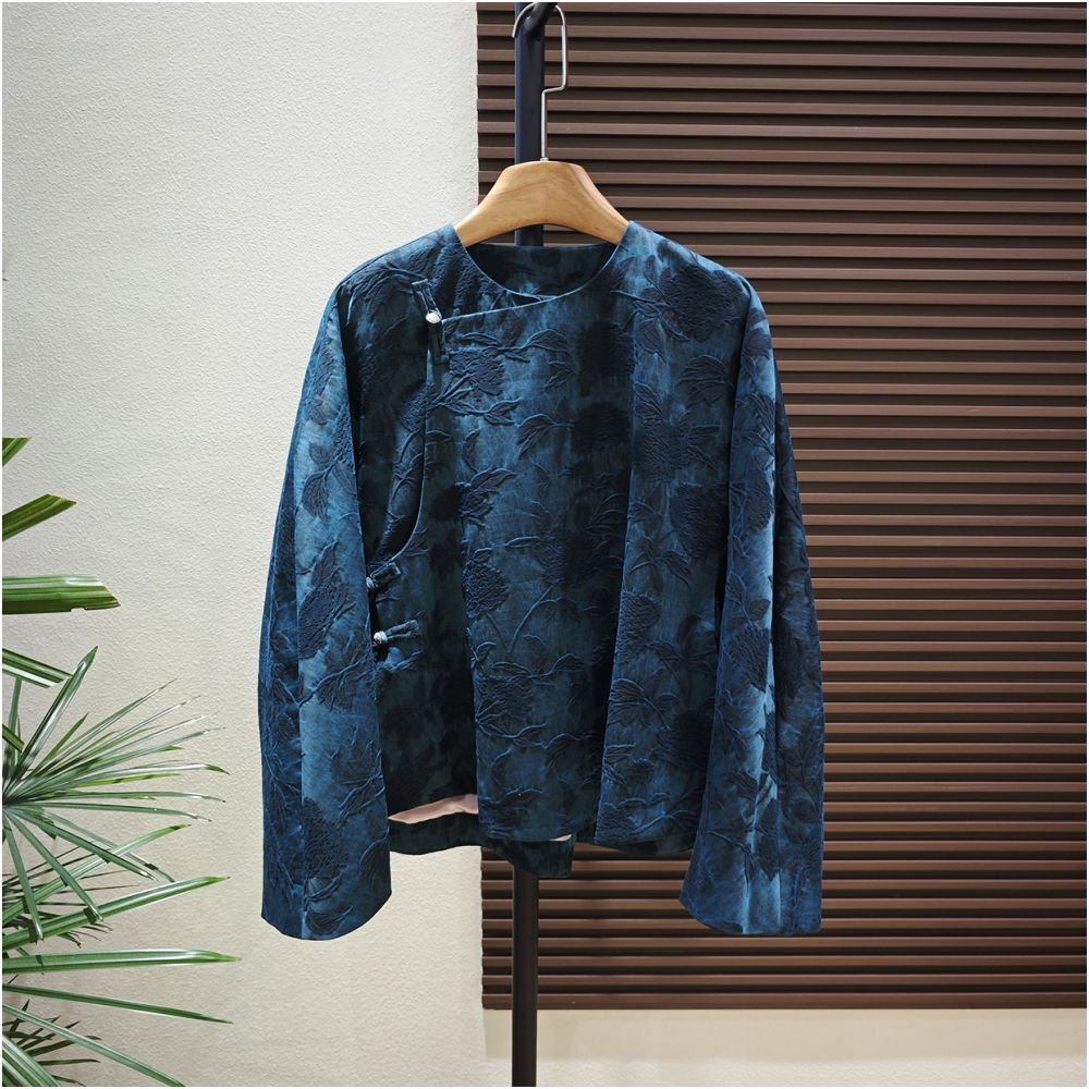 Shanheyue Black Peony Mulberry Silk Xiangyun Yarn Intangible Cultural Heritage Mud dyed Embossed Jacquard New Chinese Style Outerwear image 0
