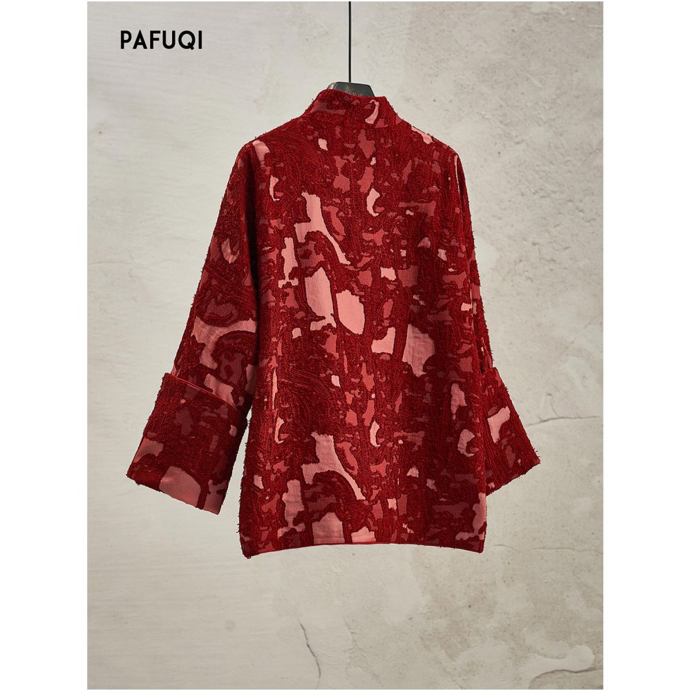 New Chinese New Year s robe red jacket burnt flower stand collar buckle shaped top light Chinese style women s clothing 2025 new style image 5