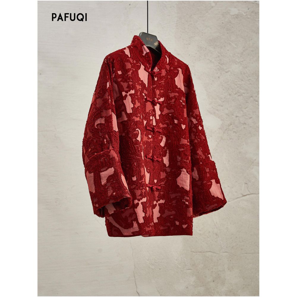 New Chinese New Year s robe red jacket burnt flower stand collar buckle shaped top light Chinese style women s clothing 2025 new style image 0