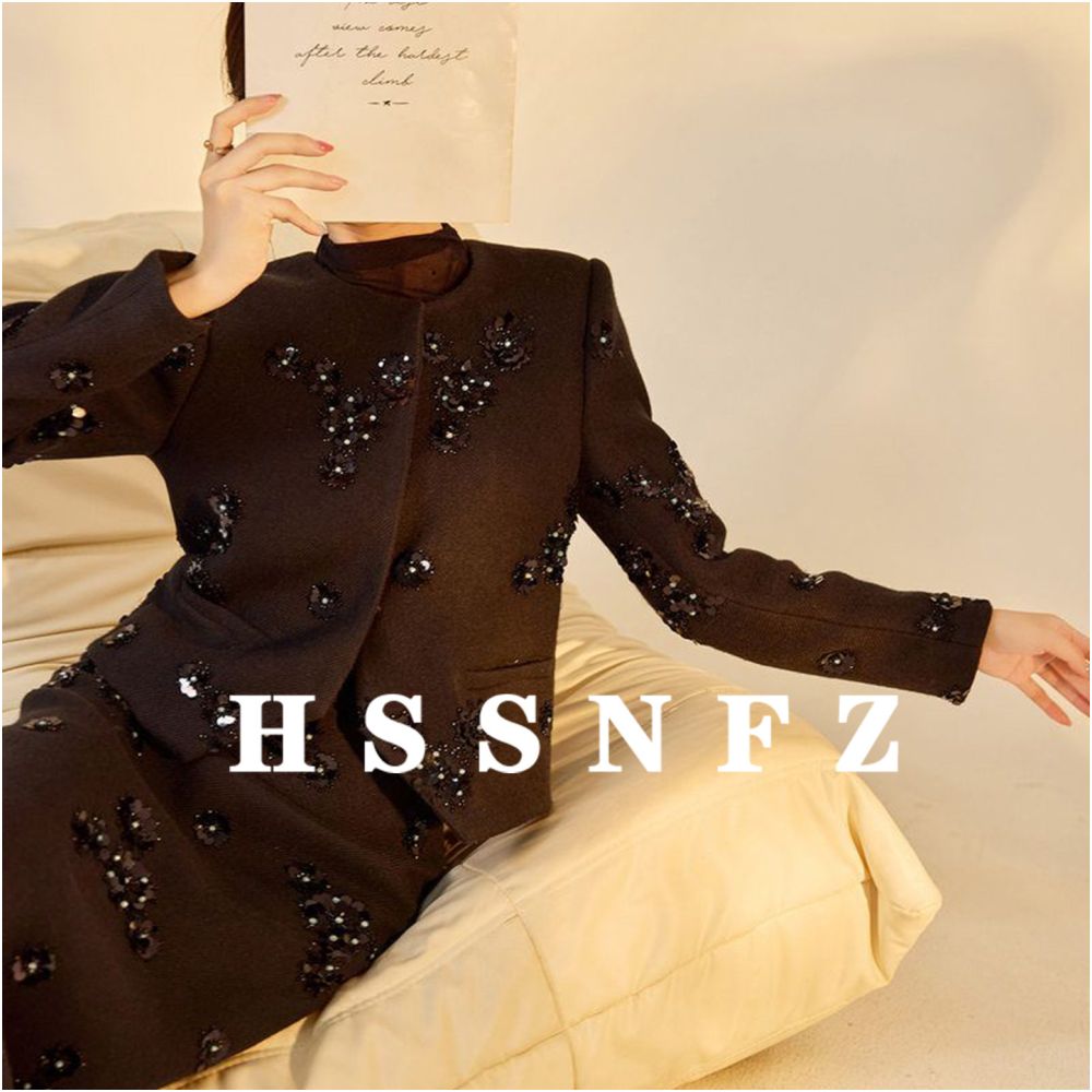 HSSNFZ High End Elegant Style 2025 Autumn New Arrival Beaded Sequined Short Jacket and Skirt Set for Women image 0