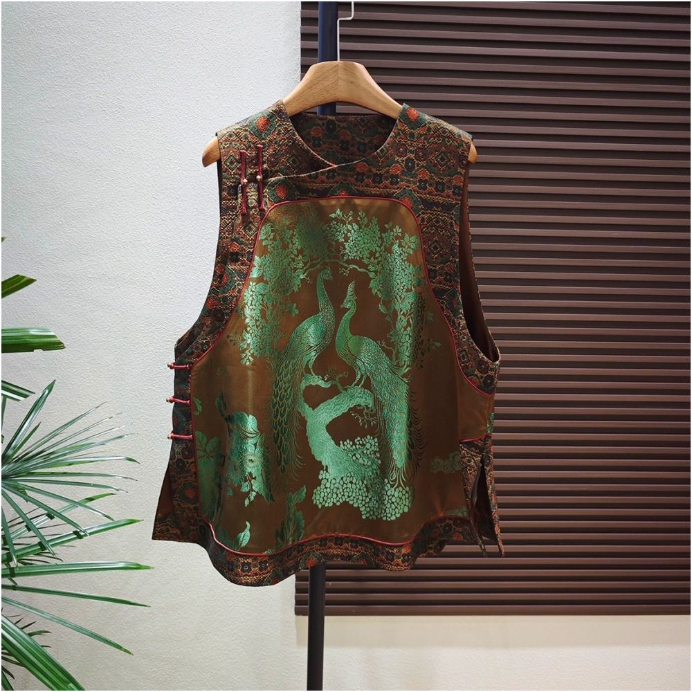 Shanheyue Spirit of the Peacock Mulberry Silk Brocade Old Satin 38 momme New Chinese Style Slanted Placket with Chinese Knots Vest image 1
