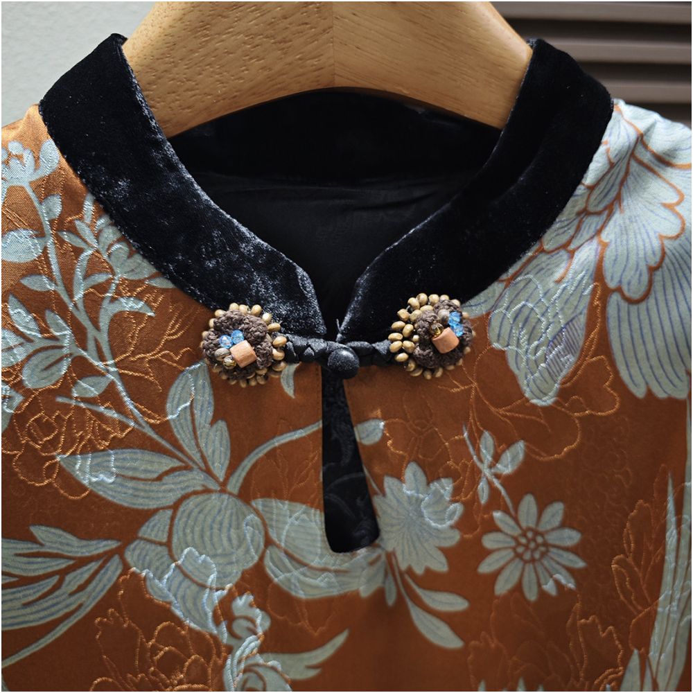Shanheyue Phoenix Blossoms New Chinese Style Stand Collar Top with Chinese Knot Buttons Rayon Silk and Mulberry Silk Patchwork Velvet Vest image 2