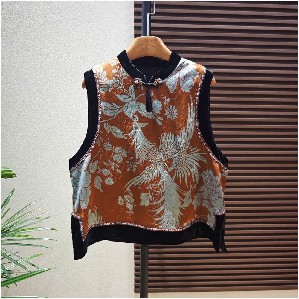 Shanheyue Phoenix Blossoms New Chinese Style Stand Collar Top with Chinese Knot Buttons Rayon Silk and Mulberry Silk Patchwork Velvet Vest image 0
