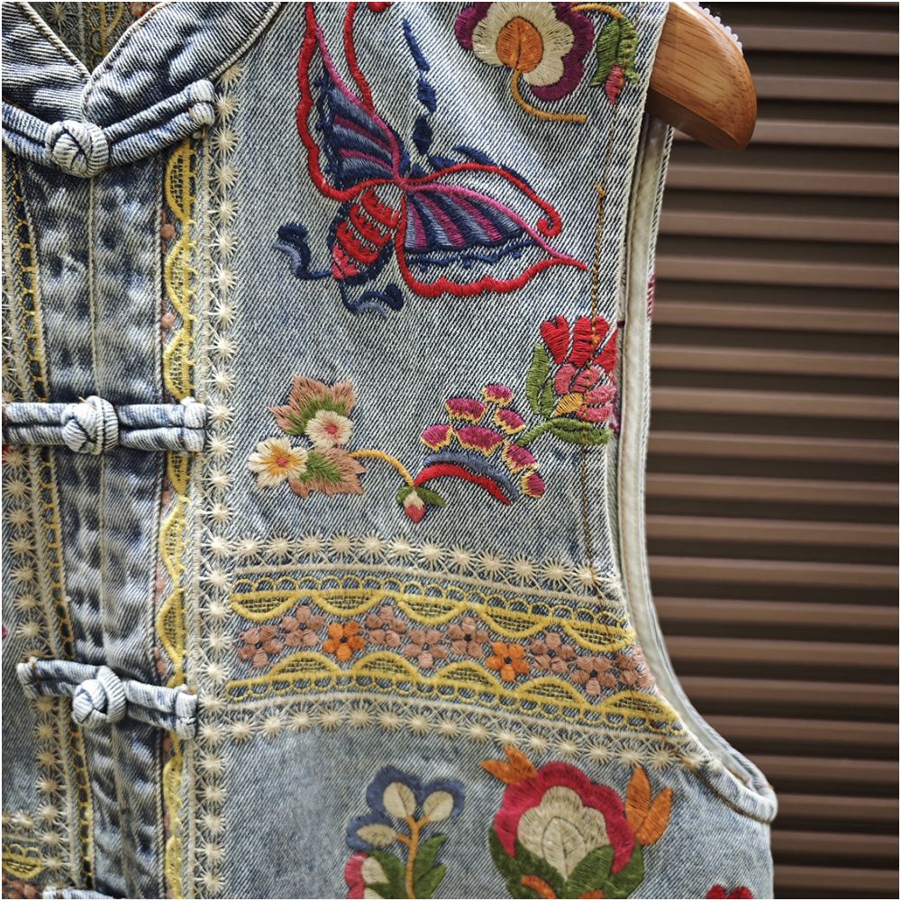 Shanheyue Beauty Scroll New Chinese Style Stand Collar Heavy Embroidery Denim Vest Front Opening with Chinese Knot Buttons Casual Style image 2