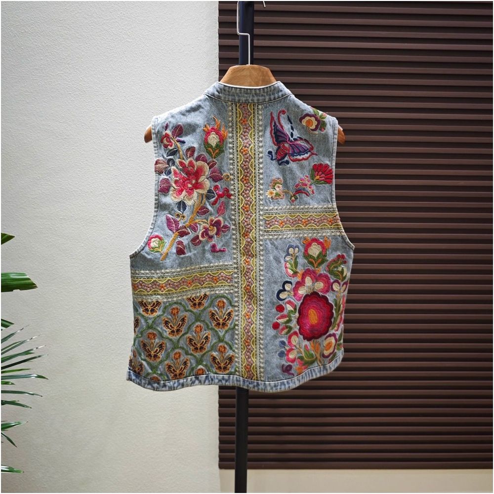 Shanheyue Beauty Scroll New Chinese Style Stand Collar Heavy Embroidery Denim Vest Front Opening with Chinese Knot Buttons Casual Style image 5