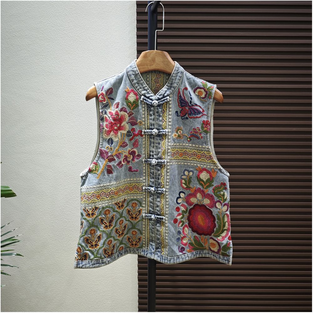 Shanheyue Beauty Scroll New Chinese Style Stand Collar Heavy Embroidery Denim Vest Front Opening with Chinese Knot Buttons Casual Style image 0