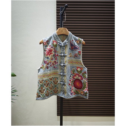 ASAYA5703 – Heritage Bloom Denim Vest 🌸🦋