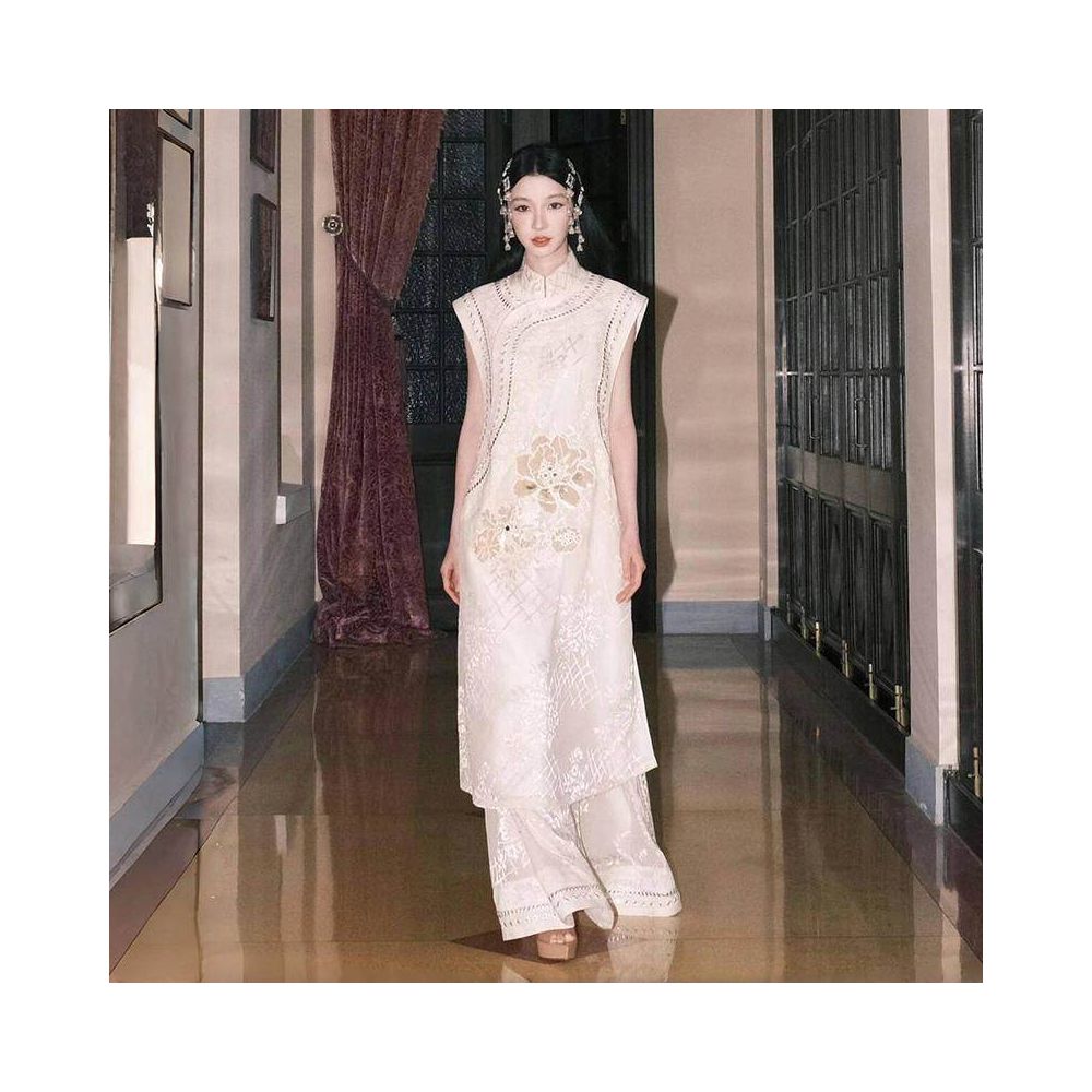 New Chinese style Chinese style stand up collar nail bead embroidery sleeveless sequin loose vest dress two piece set for women s summer 2025 image 3