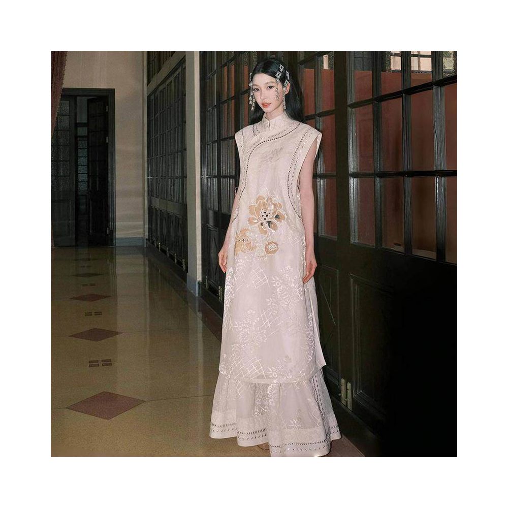 New Chinese style Chinese style stand up collar nail bead embroidery sleeveless sequin loose vest dress two piece set for women s summer 2025 image 4