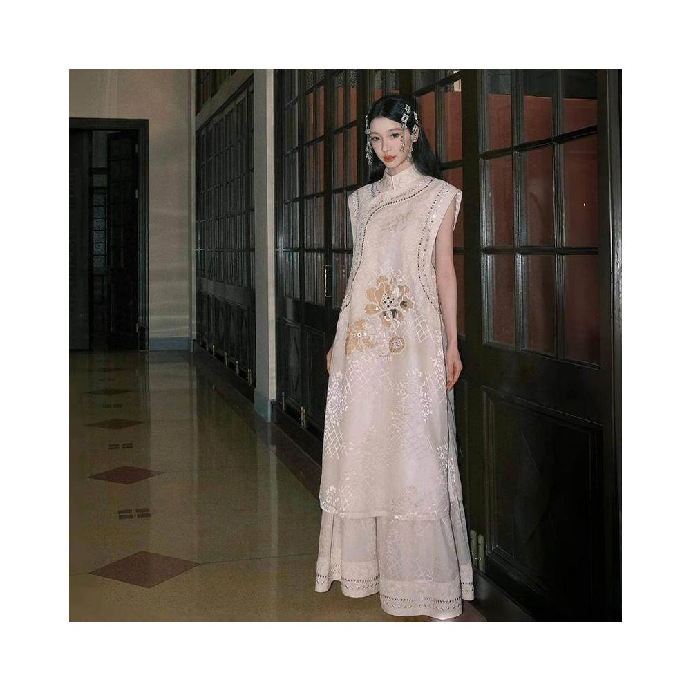 New Chinese style Chinese style stand up collar nail bead embroidery sleeveless sequin loose vest dress two piece set for women s summer 2025 image 5