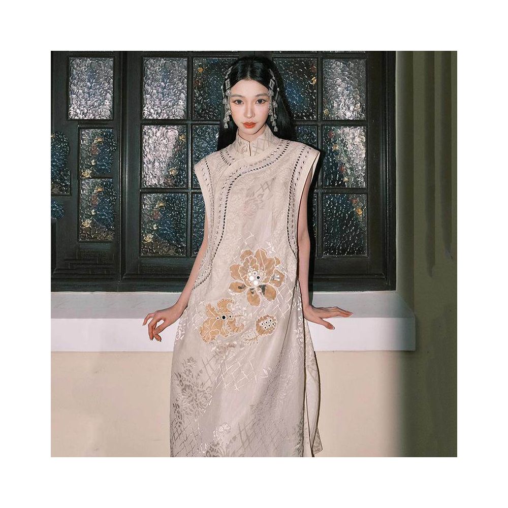 New Chinese style Chinese style stand up collar nail bead embroidery sleeveless sequin loose vest dress two piece set for women s summer 2025 image 0