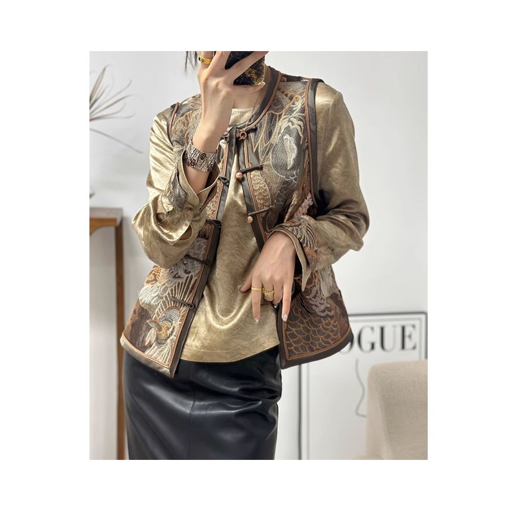 Women s Autumn 2025 Coat High End Color Palette with Heavy Embroidery Round Neck and Frog Buttons New Chinese Style image 2