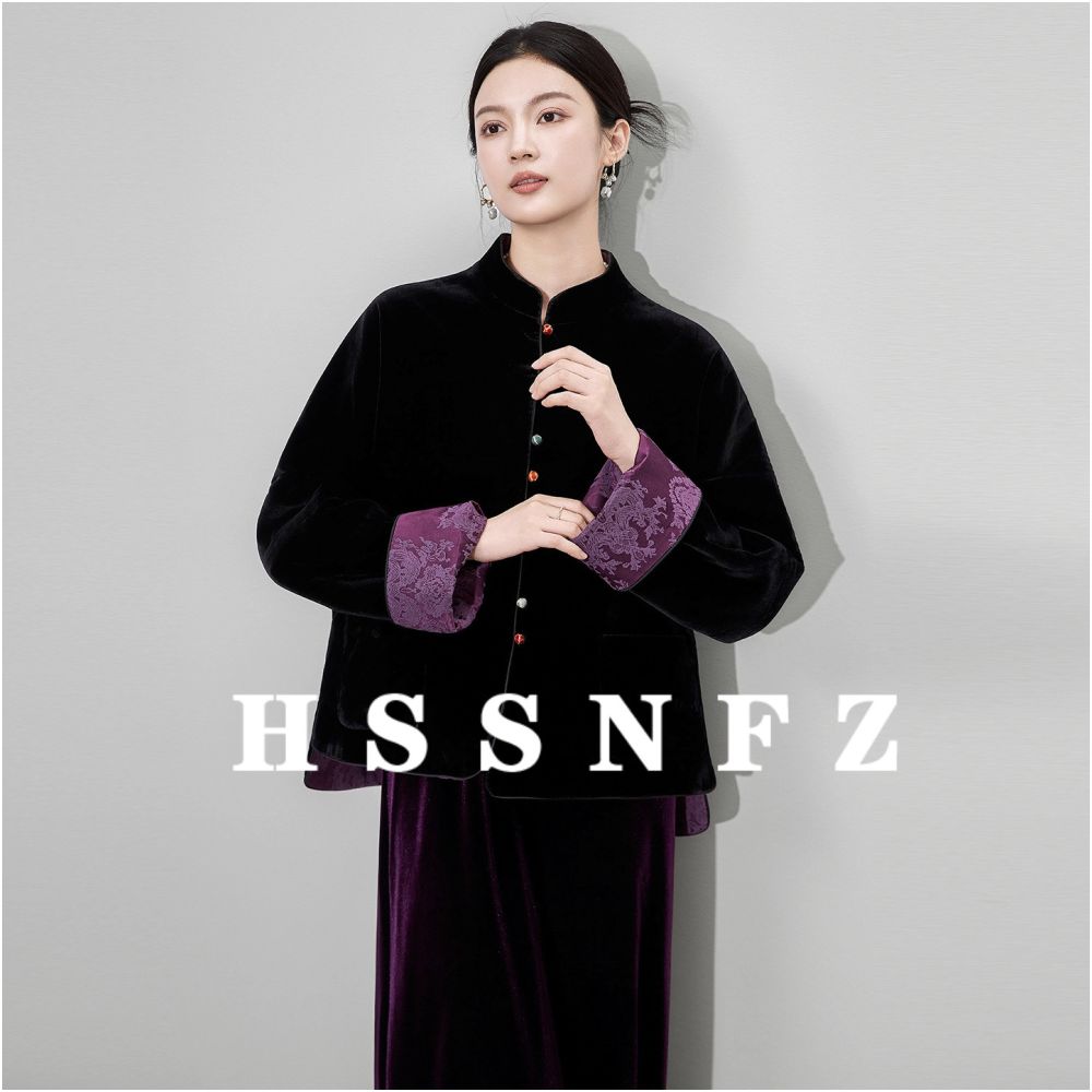 HSSNFZ new Chinese style silk velvet jacquard jacket 2025 autumn long sleeved light luxury double sided wearable Chinese style top image 1