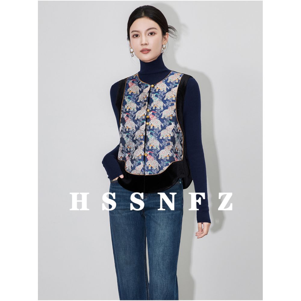HSSNFZ New Chinese Velvet Splicing Vest Baoxiang Jacquard High Quality Chinese Style Coat Short Top New Women s Style image 0