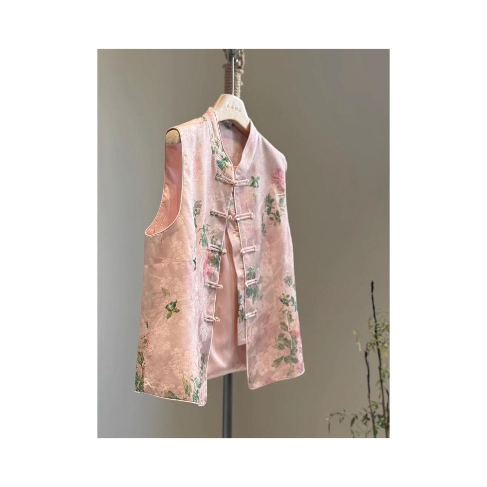 Pink New Chinese Style Satin Print High End Stand Collar Modified Tang Suit Youthful Style Vest with Traditional Chinese Style Autumn Thin image 0