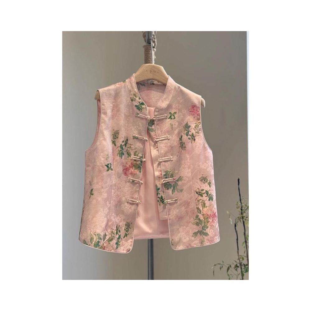 Pink New Chinese Style Satin Print High End Stand Collar Modified Tang Suit Youthful Style Vest with Traditional Chinese Style Autumn Thin image 1