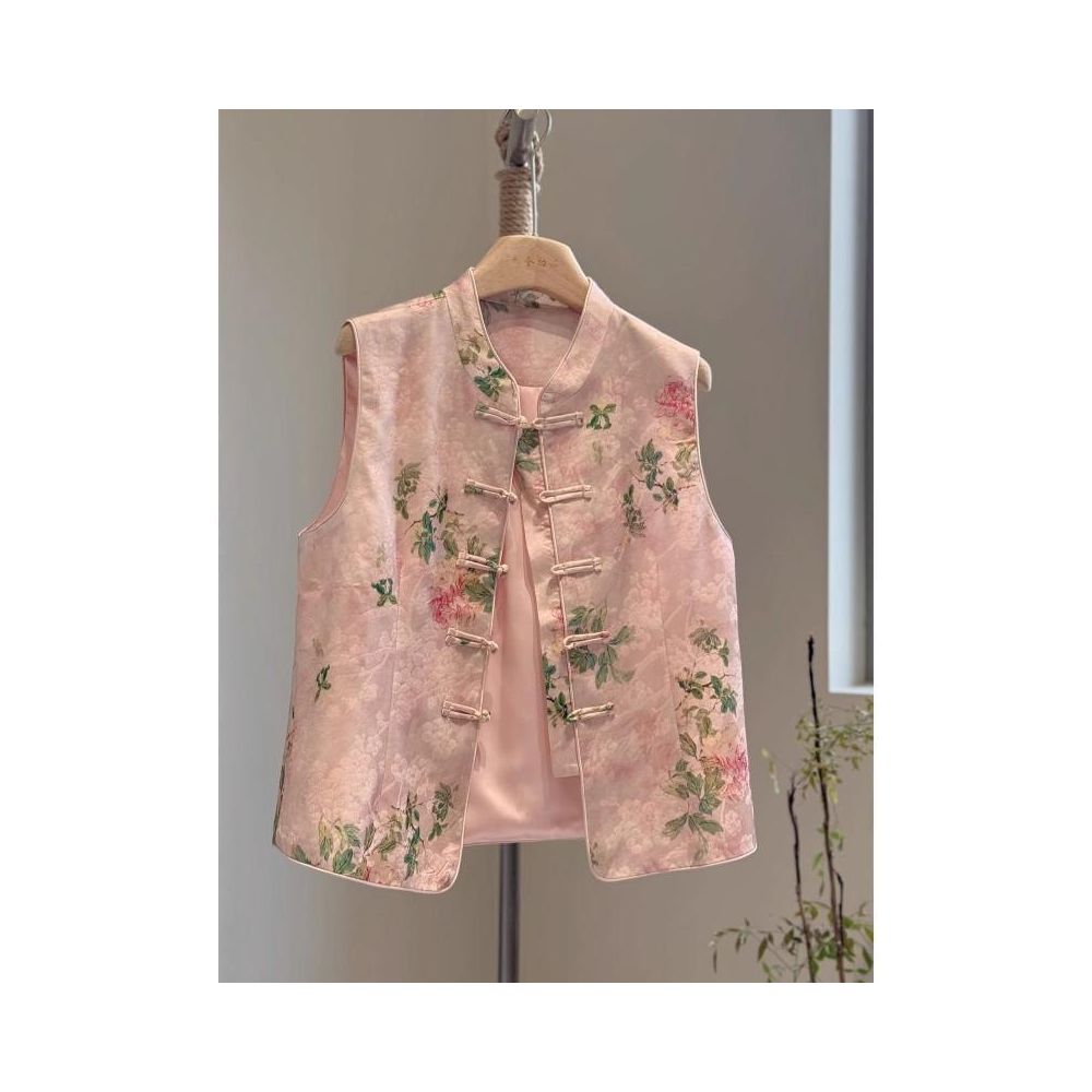 Pink New Chinese Style Satin Print High End Stand Collar Modified Tang Suit Youthful Style Vest with Traditional Chinese Style Autumn Thin image 2