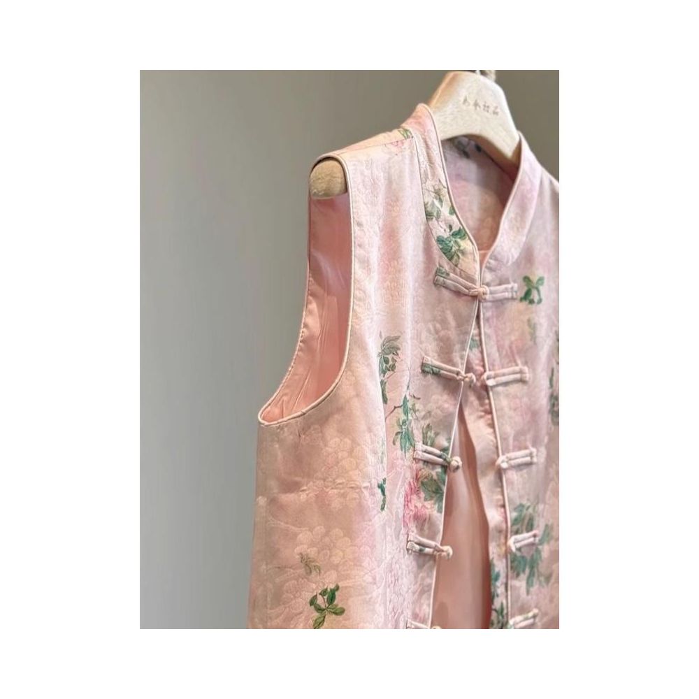 Pink New Chinese Style Satin Print High End Stand Collar Modified Tang Suit Youthful Style Vest with Traditional Chinese Style Autumn Thin image 3