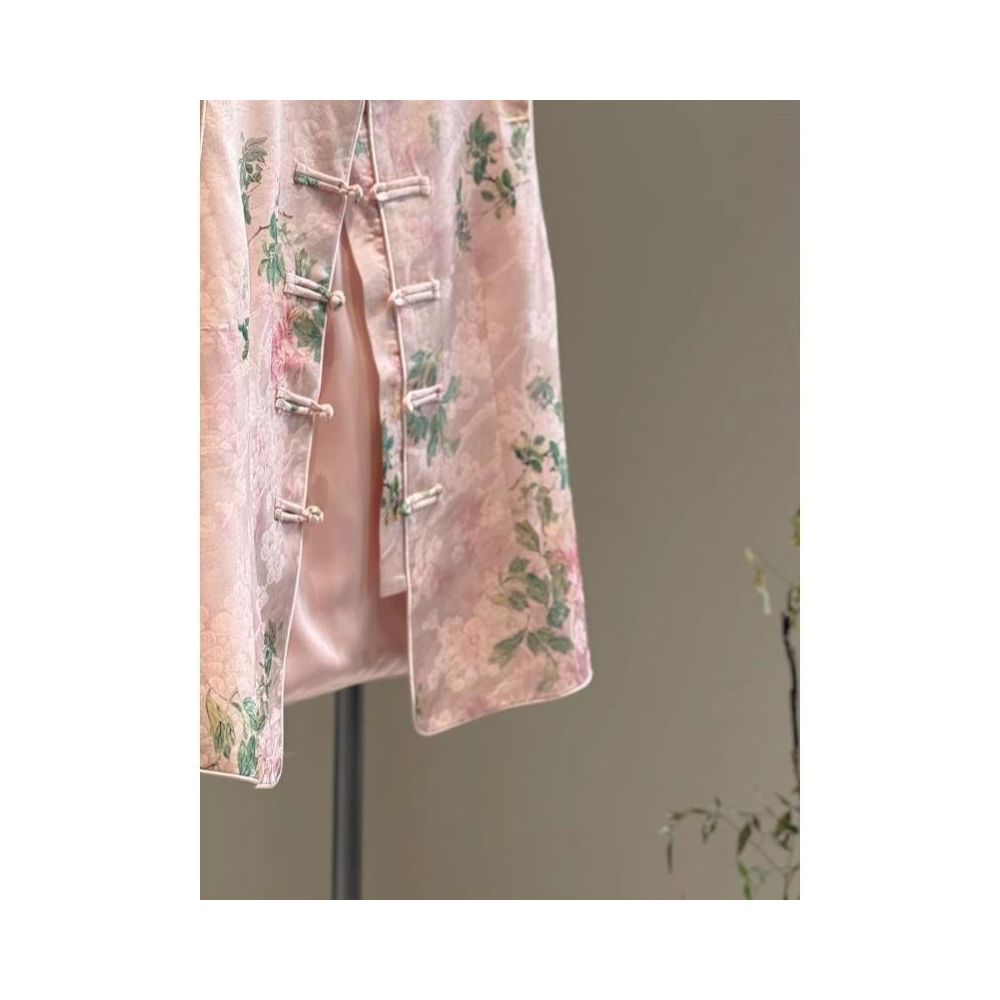 Pink New Chinese Style Satin Print High End Stand Collar Modified Tang Suit Youthful Style Vest with Traditional Chinese Style Autumn Thin image 4