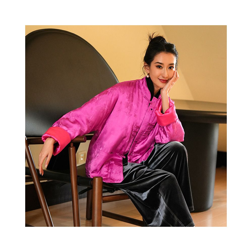 Taozhi Yaoyao 2024 Winter Danmei Literary Chinese Jacquard Satin Stand up Collar Pan Button Cotton Coat image 2