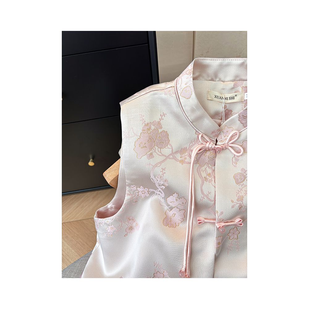 Pink stunning new Chinese style new Chinese style hot stamping vest for women 2025 new style buckle beautiful shoulder vest for women image 2