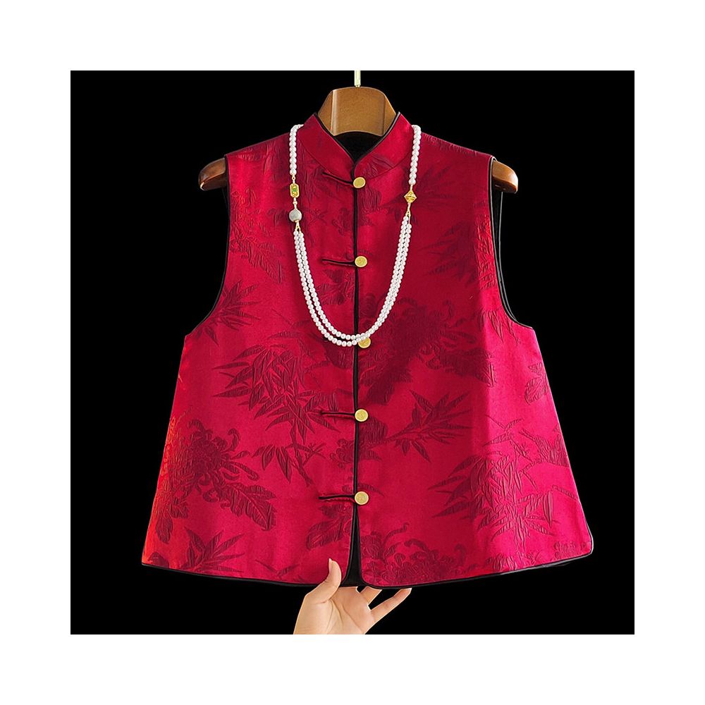 Red New Chinese Jacquard Double sided Wearing Vest Women s New Year Red Dress Western Style Small and Retro Crooked Chinese Style Top image 1
