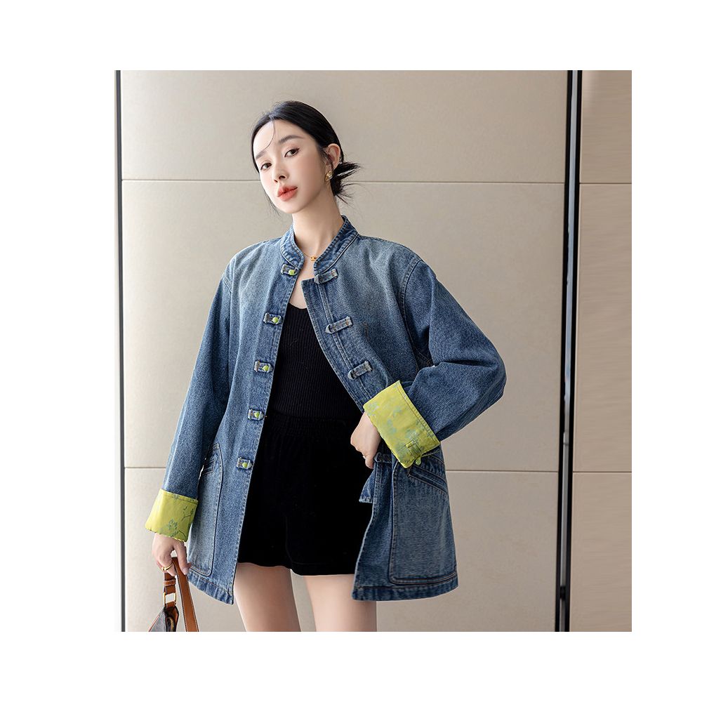 Women s Autumn New Style Retro Denim Jacket with Chinese Style Button and Stand Collar Modern Chinese Style Washed Denim Clothing image 1