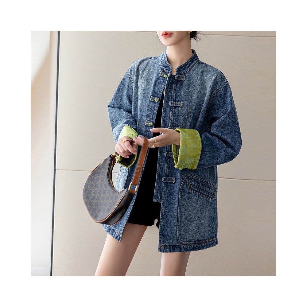 Women s Autumn New Style Retro Denim Jacket with Chinese Style Button and Stand Collar Modern Chinese Style Washed Denim Clothing image 2