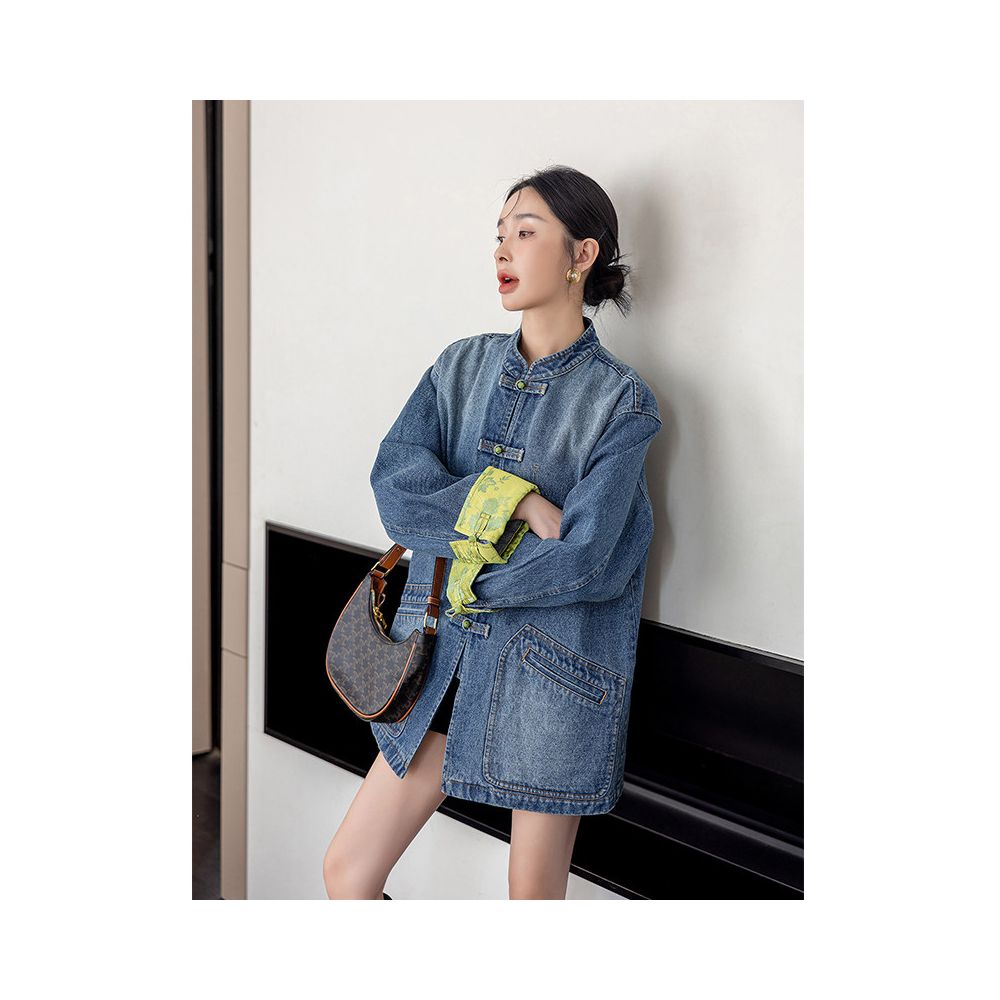 Women s Autumn New Style Retro Denim Jacket with Chinese Style Button and Stand Collar Modern Chinese Style Washed Denim Clothing image 3