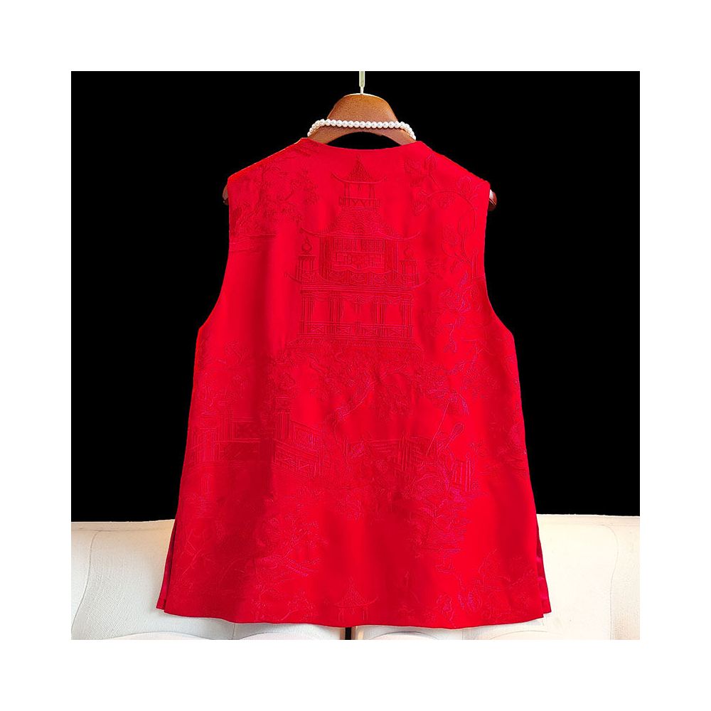 Red high end embroidery new Chinese style buckle acetic acid vest women s retro improved round neck Chinese style top jacket image 2