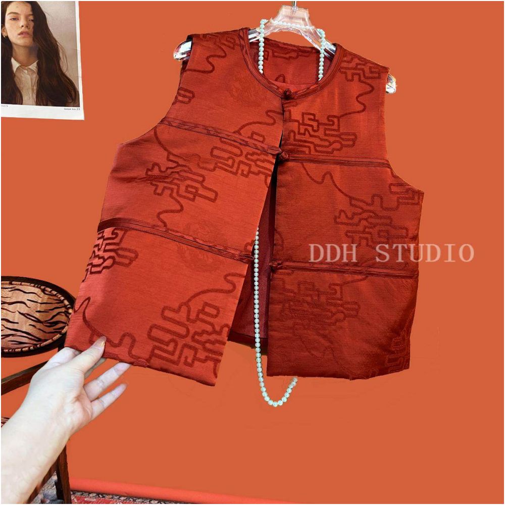 New Chinese style Christmas red plate buckle thin cotton vest 2024 winter round neck fashionable retro top for women image 5