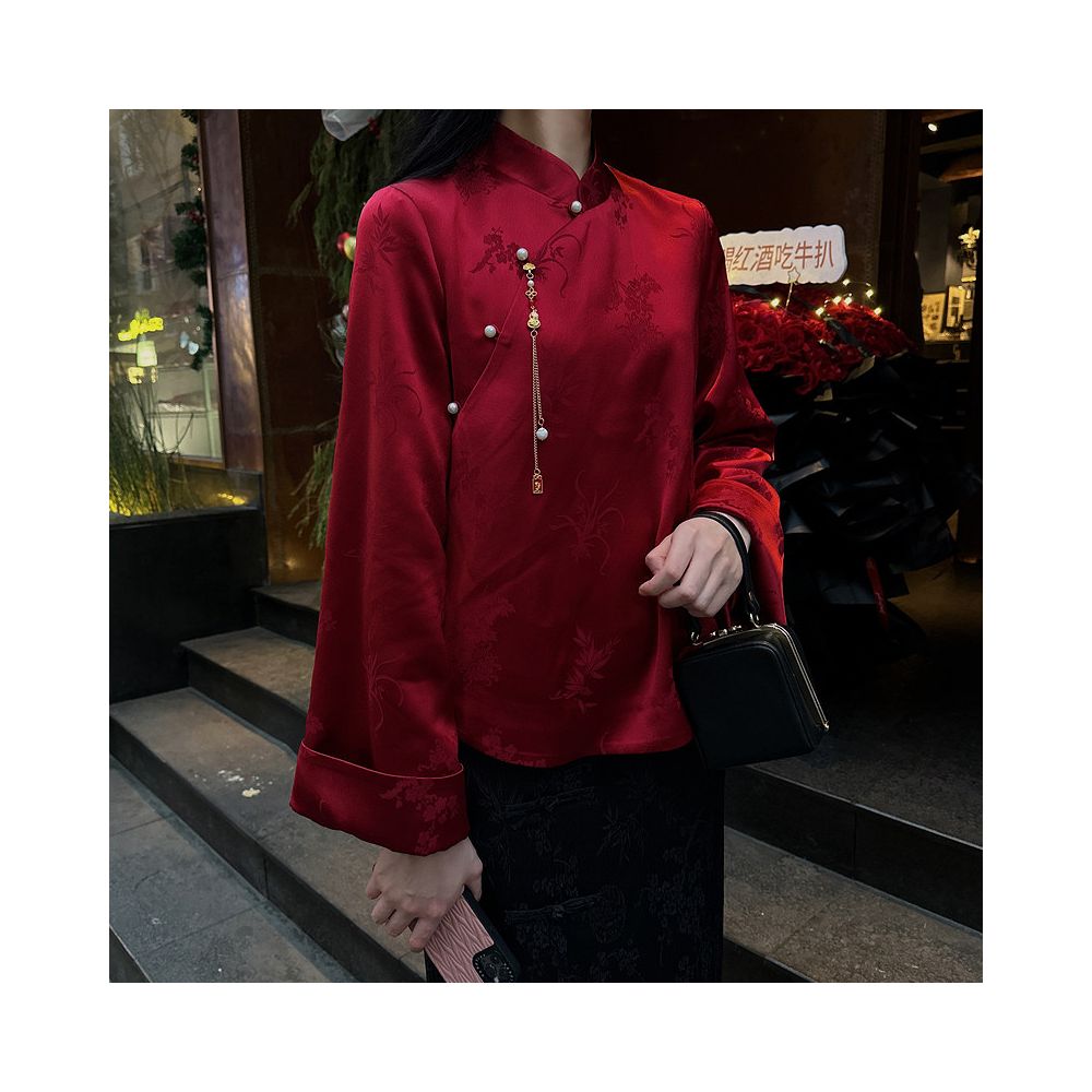 Red acetic acid jacquard national style blouse women s original design fashionable China Chic retro modified new Chinese button shirt image 1