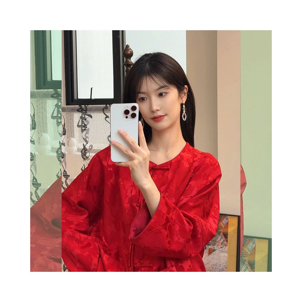 New Chinese style red button down shirt for the Year of the Rooster 2026 Spring suitable for petite women featuring a jacquard satin overlay image 3