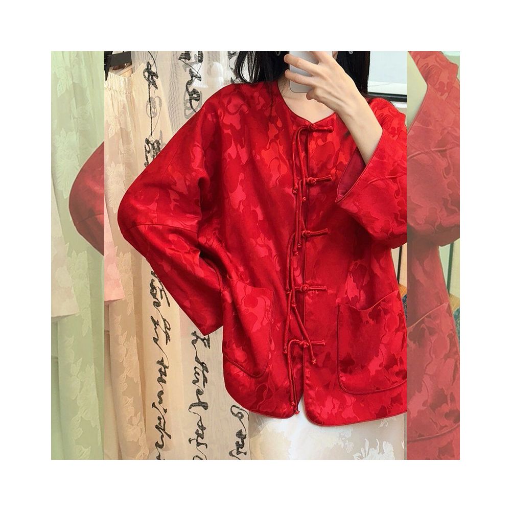 New Chinese style red button down shirt for the Year of the Rooster 2026 Spring suitable for petite women featuring a jacquard satin overlay image 4