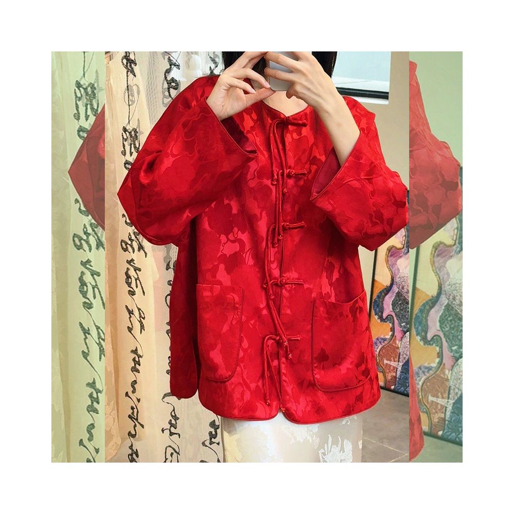New Chinese style red button down shirt for the Year of the Rooster 2026 Spring suitable for petite women featuring a jacquard satin overlay image 0