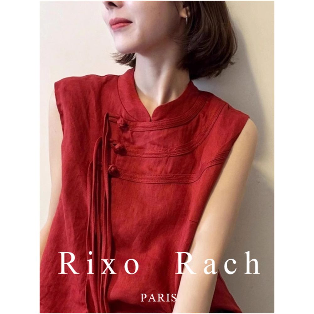 Rixo Rach s new Chinese style red linen sleeveless shirt with a high end feel featuring a button down small stand up collar and a slimming top image 4