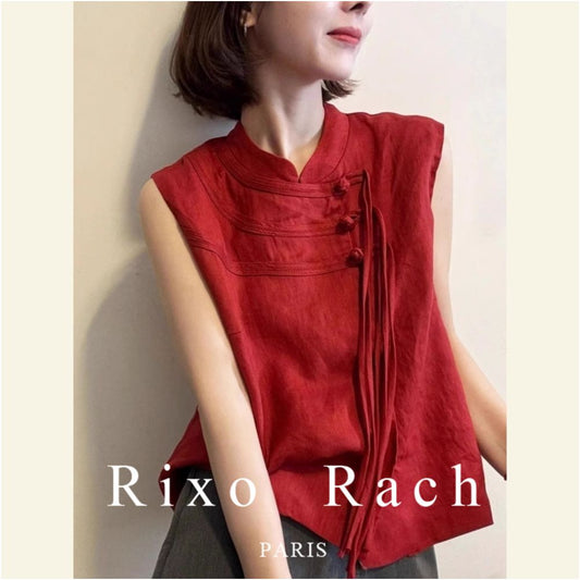 ASAYA5776 – Crimson Oriental Linen Top ❤️🧧