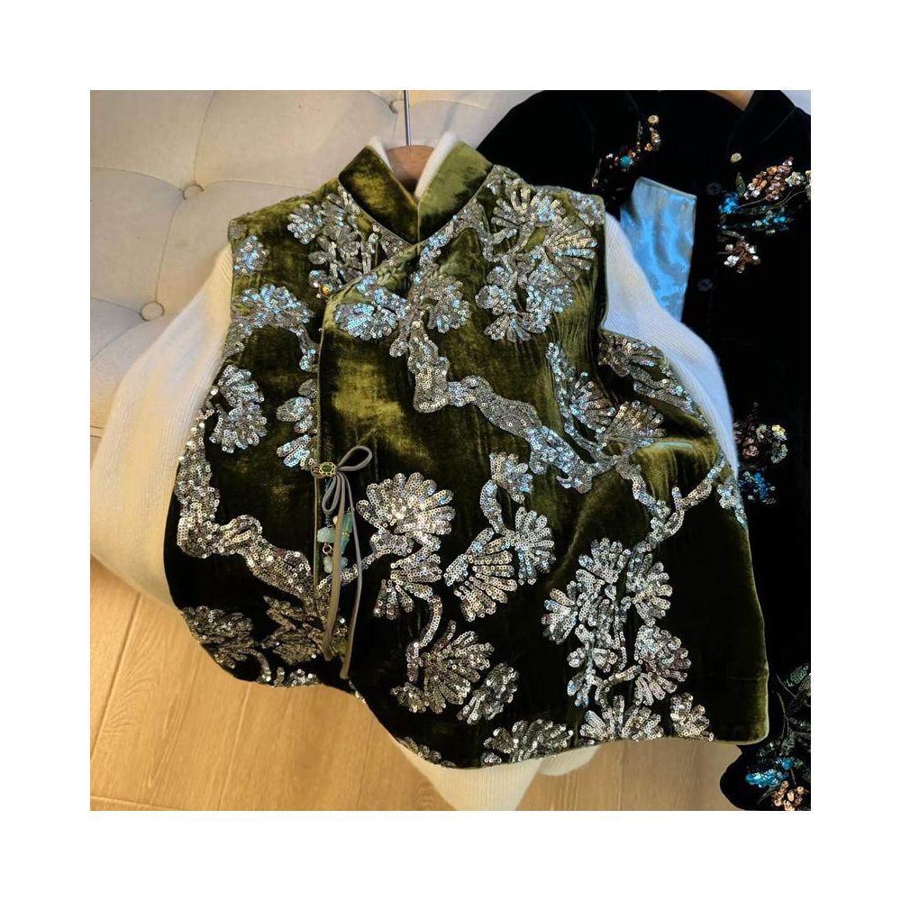High end fashion heavy industry sequin embroidery new Chinese style vest women s 2025 spring edition unique velvet retro jacket image 1