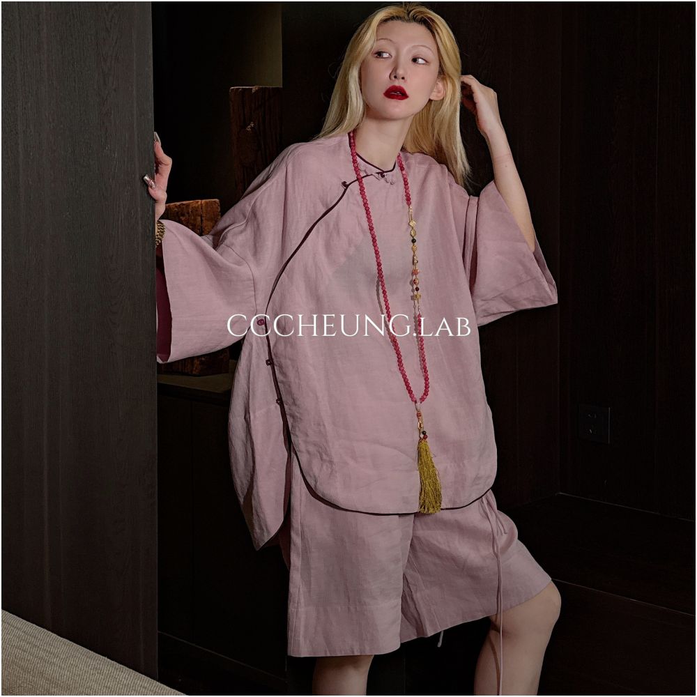 Xi Yi Xi Peach Blossom Fan New Chinese Style Set Women s Design Shirt Shorts Two Piece Set 5DB V8107 image 1