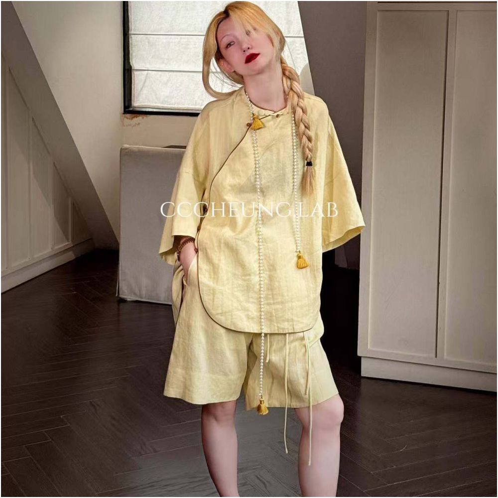 Xi Yi Xi Peach Blossom Fan New Chinese Style Set Women s Design Shirt Shorts Two Piece Set 5DB V8107 image 2