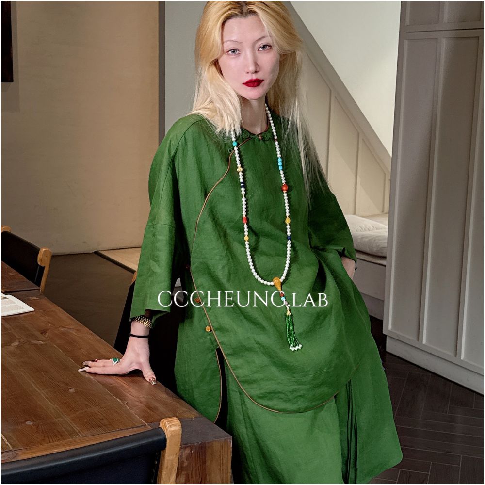 Xi Yi Xi Peach Blossom Fan New Chinese Style Set Women s Design Shirt Shorts Two Piece Set 5DB V8107 image 3