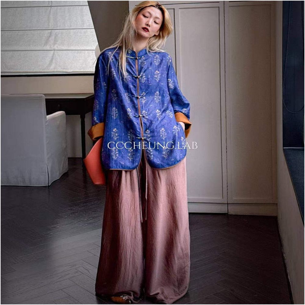 Xi Yi Wan Qing Guan New Chinese Jacquard Shirt Coat Wide Leg Pants Women s Set Two Piece Set 5DBV8122 image 1