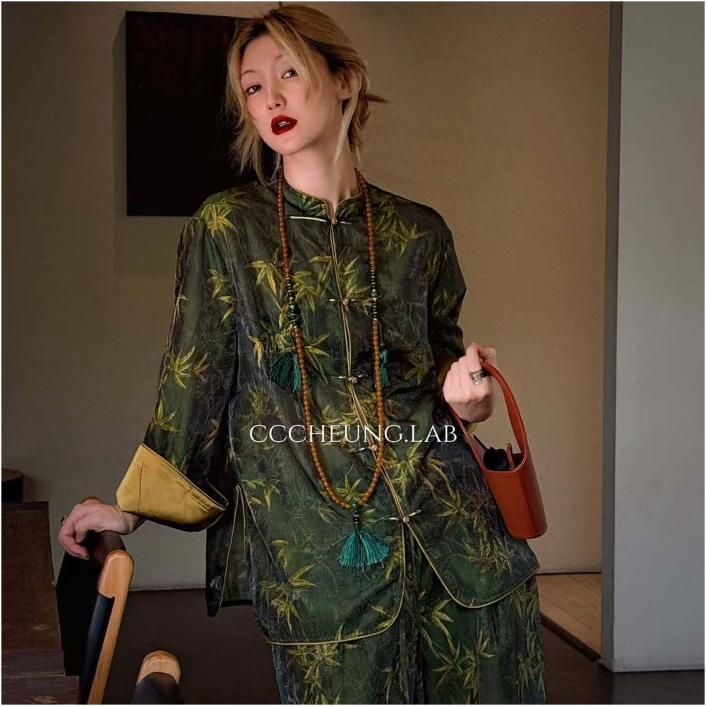 Xi Yi Wan Qing Guan New Chinese Jacquard Shirt Coat Wide Leg Pants Women s Set Two Piece Set 5DBV8122 image 2