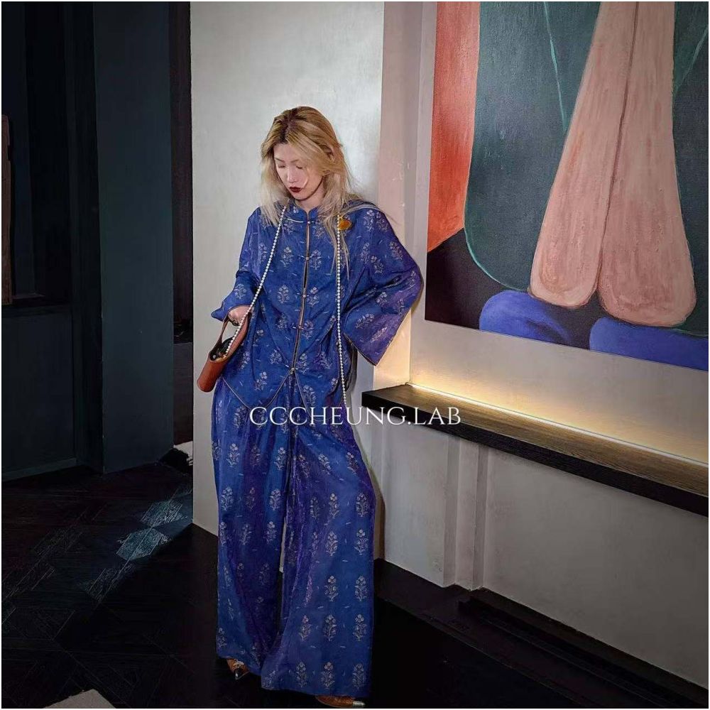 Xi Yi Wan Qing Guan New Chinese Jacquard Shirt Coat Wide Leg Pants Women s Set Two Piece Set 5DBV8122 image 3