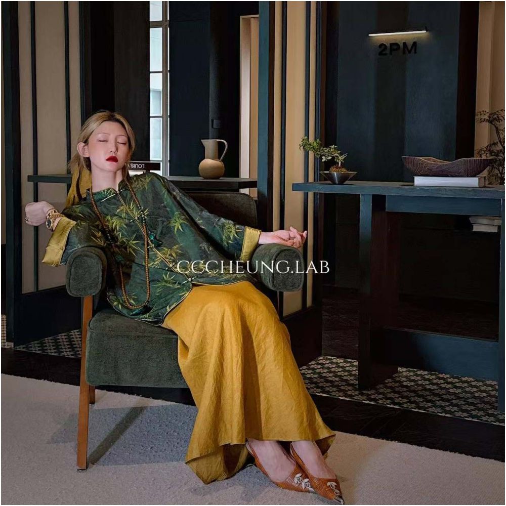 Xi Yi Wan Qing Guan New Chinese Jacquard Shirt Coat Wide Leg Pants Women s Set Two Piece Set 5DBV8122 image 4