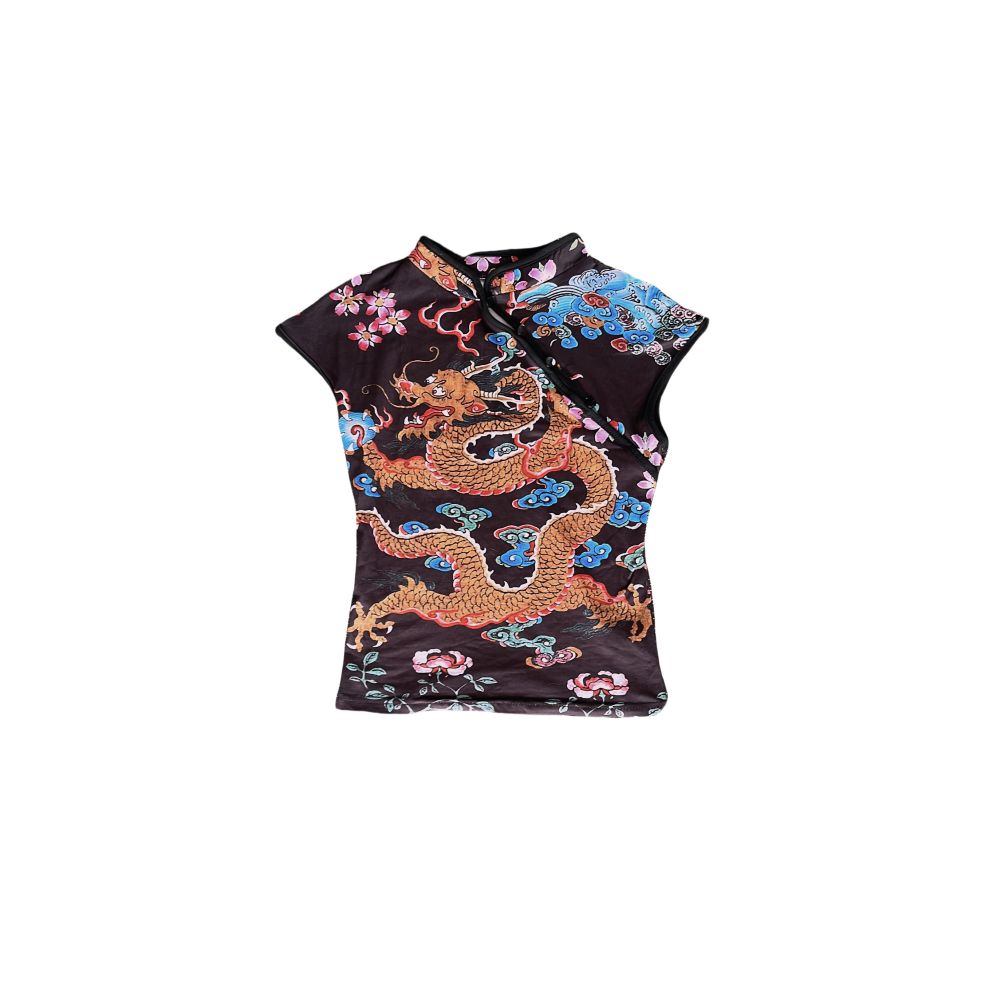Retro improved cheongsam collar short sleeved T shirt with Chinese style design printed color blocking stand up collar buckle slim fit T shirt top image 0